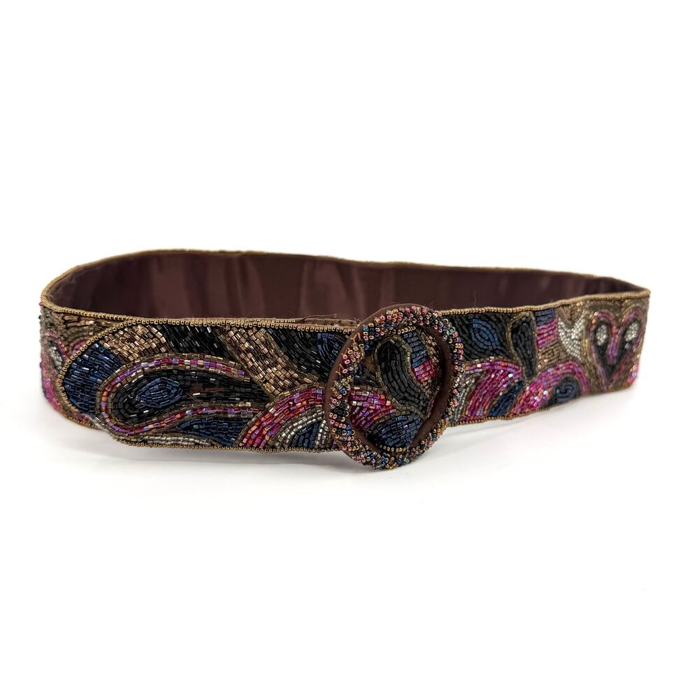 Vintage 90s Collectif Black Pink Beaded Heart Motif Wide Belt